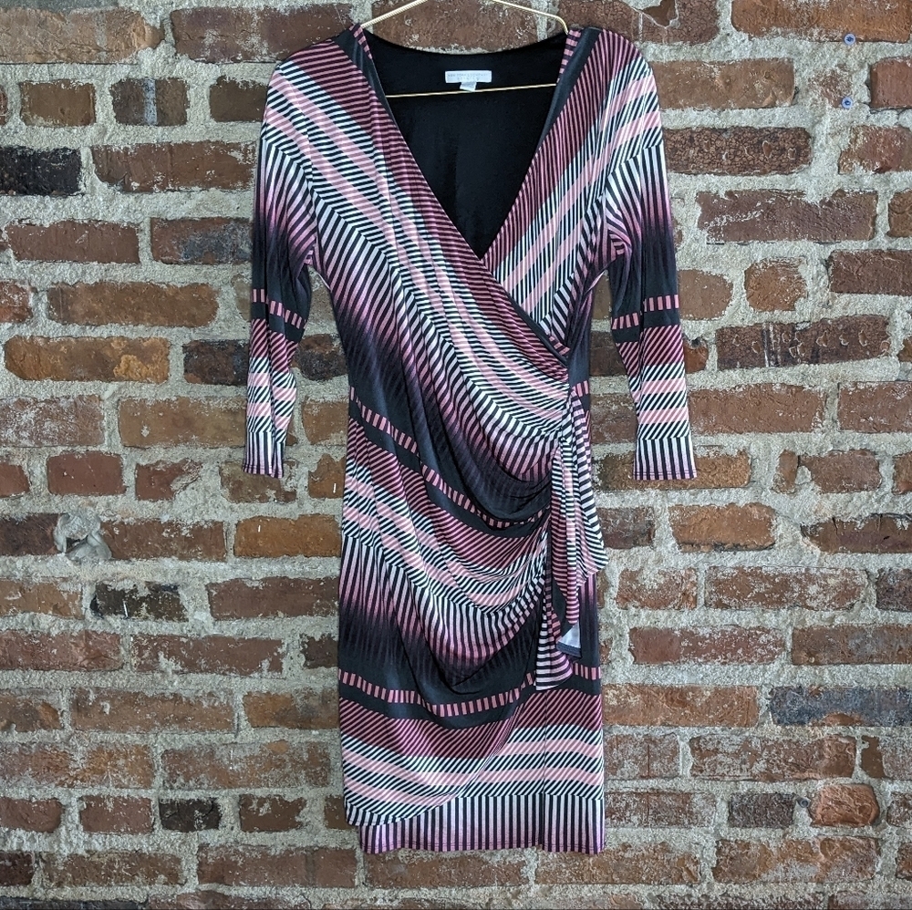 New York‎ & Company Medium Pink & Black Striped Stretch Wrap Dress